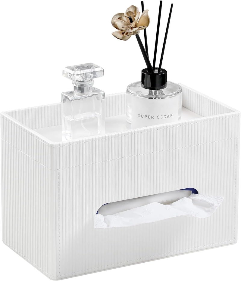 Cretkhp Tissue Box Cover Rectangle with Storage Tray, PU Leather Tissue Holder for Bathroom Vanity Countertop Night Stands Bedroom Office Desk, Stylish Rectangular Tissue Box Holder (Ivory) - Image 1